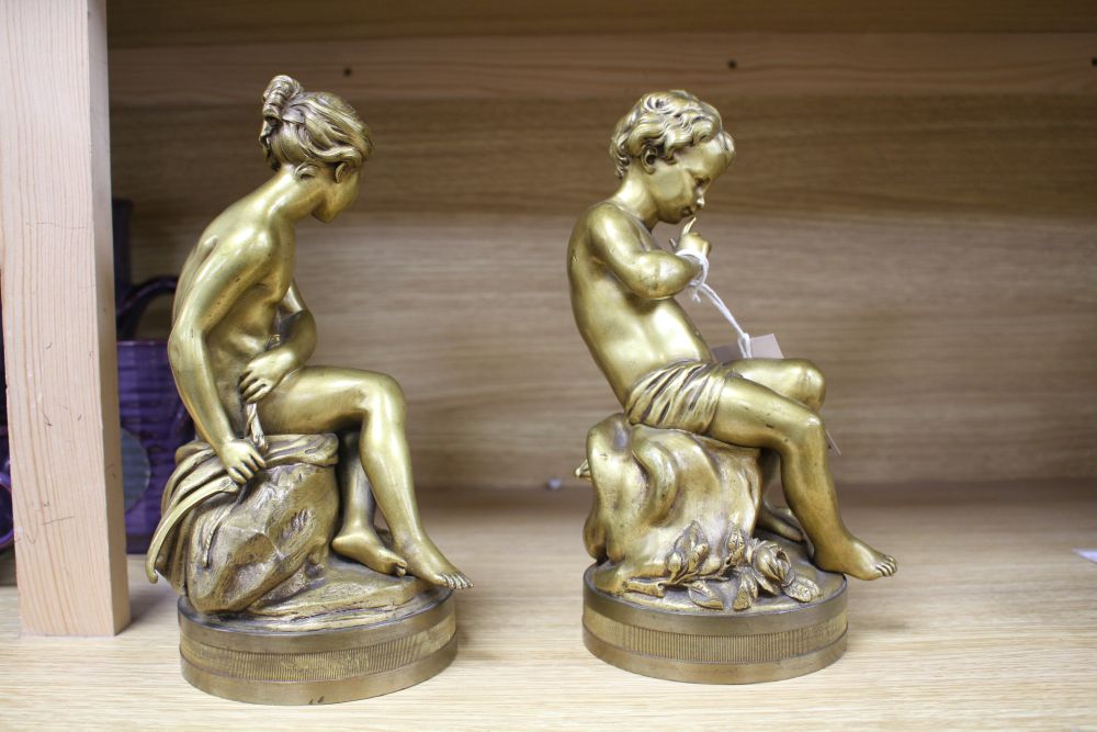 After Etienne-Maurice Falconet. A pair of late 19th century French ormolu figures of Cupid and Psyche, 9.5in.